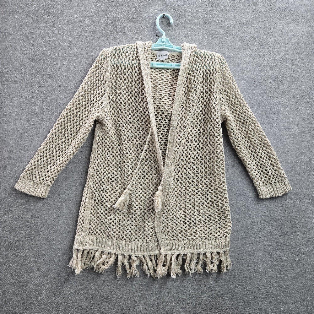 Brown Women Sweater S Beige Cardigan Coastal Grandmother Fringe Open Knit